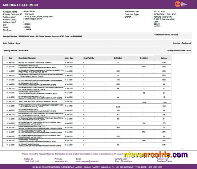 India AU Small Finance Bank account statement Word and PDF
